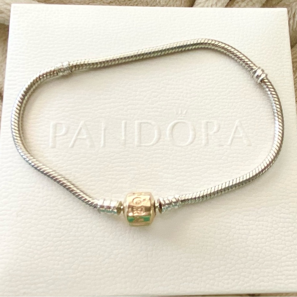 EUC Pandora S925 Silver snakeshain and 14K solid Gold clasp Bracelet, 8 inches - Picture 6 of 10